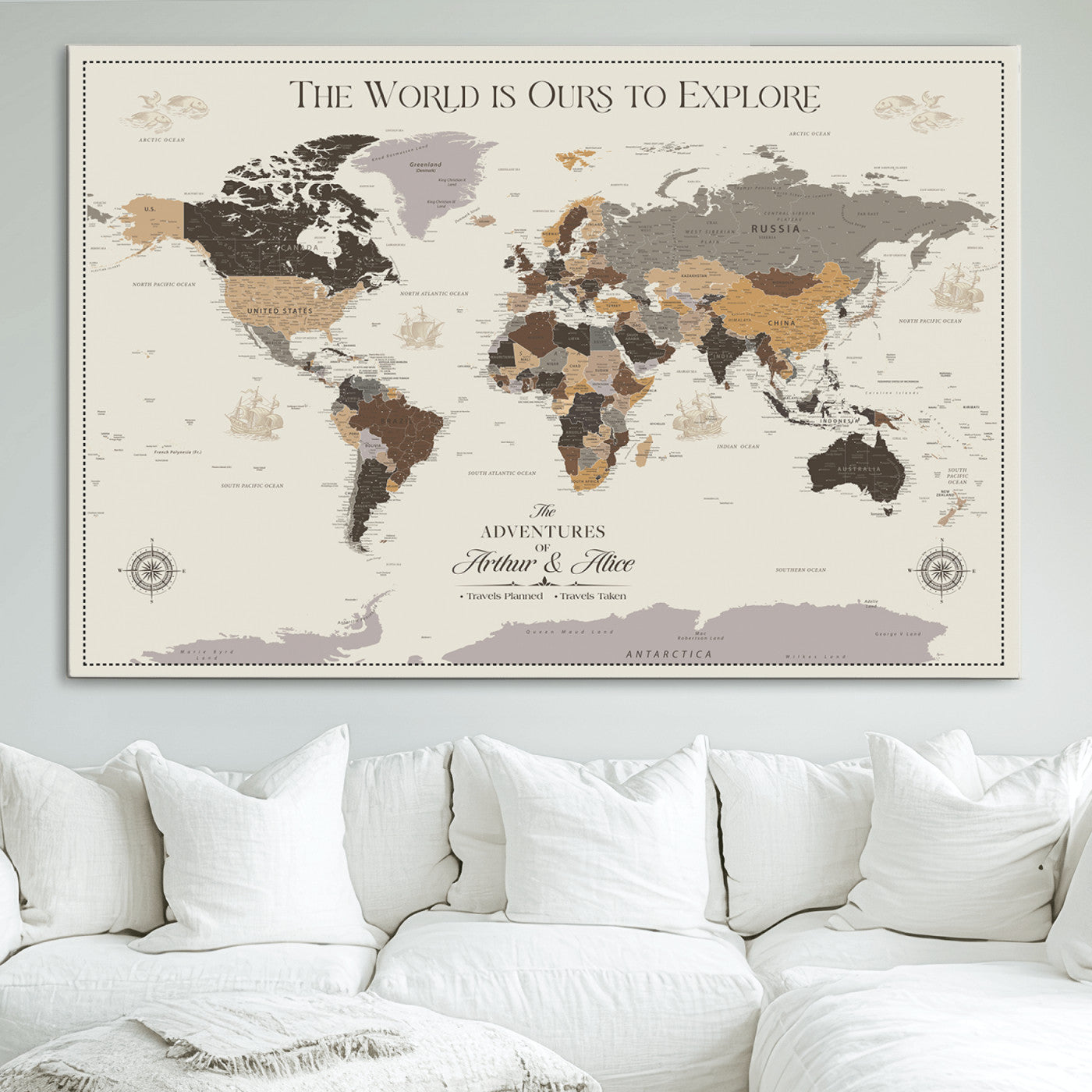 80998319-MGV-CV-36X24-Personalize World Map Push Pin Wall Canvas Print – Personalized Travel Tracker with Pins – Framed Large Multi-Size Canvas for Home Office Decor