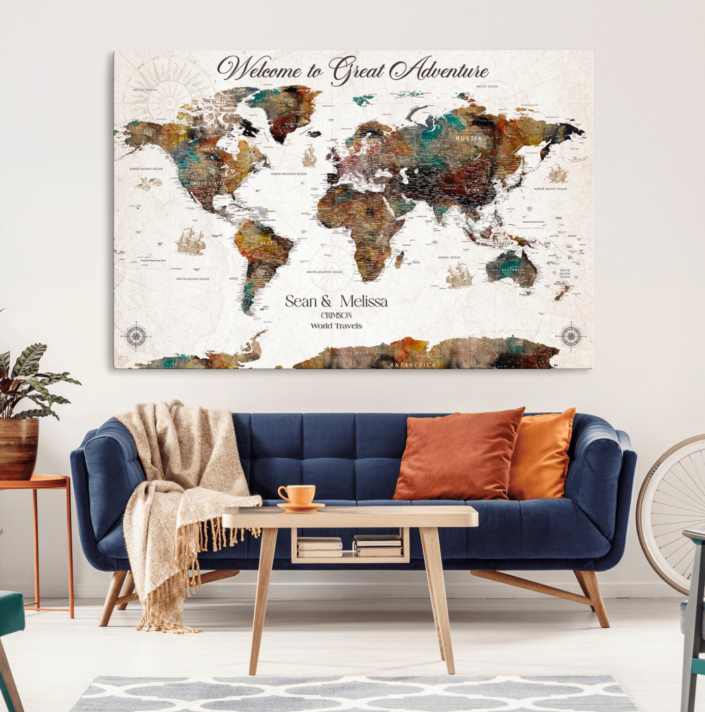 92462592-MGV-CV-36X24-Customize Push Pin World Map Wall Canvas Print – Personalizable Travel World Map with Pins – Framed Personalized Map Print for Couple Gift - H31
