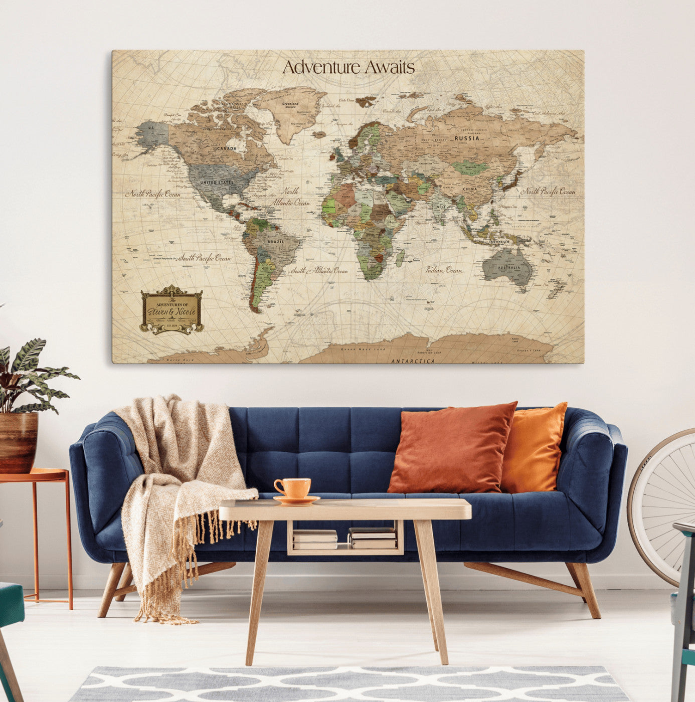 Custom Push Pin World Map Wall Canvas Print – Personalized Travel Tracker with Pins – Framed Custom Quotie Canvas for Home Office Decor