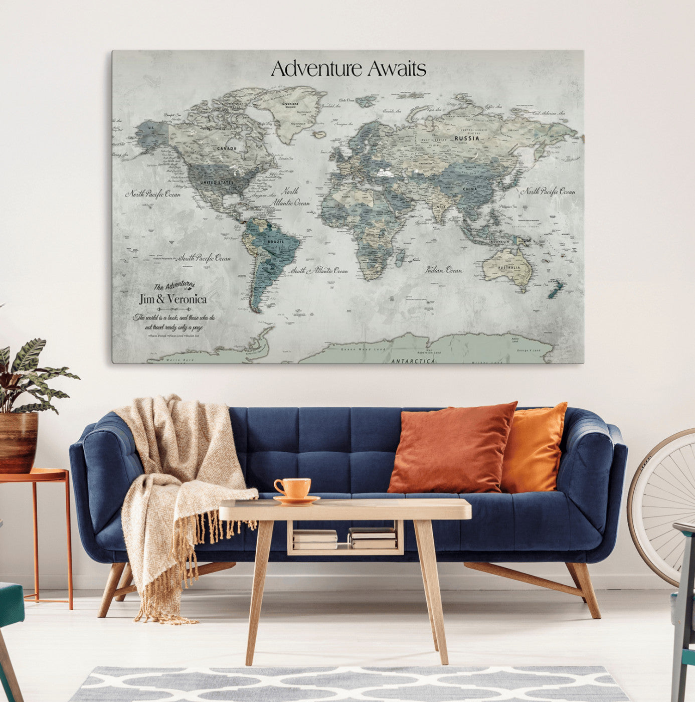 Customize Push Pin World Map Wall Canvas Print – Personalized Travel Tracker with Pins – Framed Custom Quotie Canvas for Home Office Decor