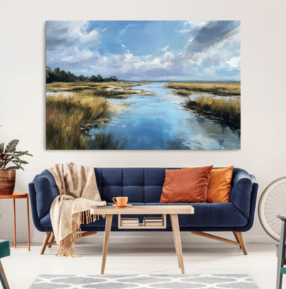 A beautiful, painterly landscape of a calm river winding through a marsh, with vibrant green grasses and a bright blue sky filled with fluffy clouds.