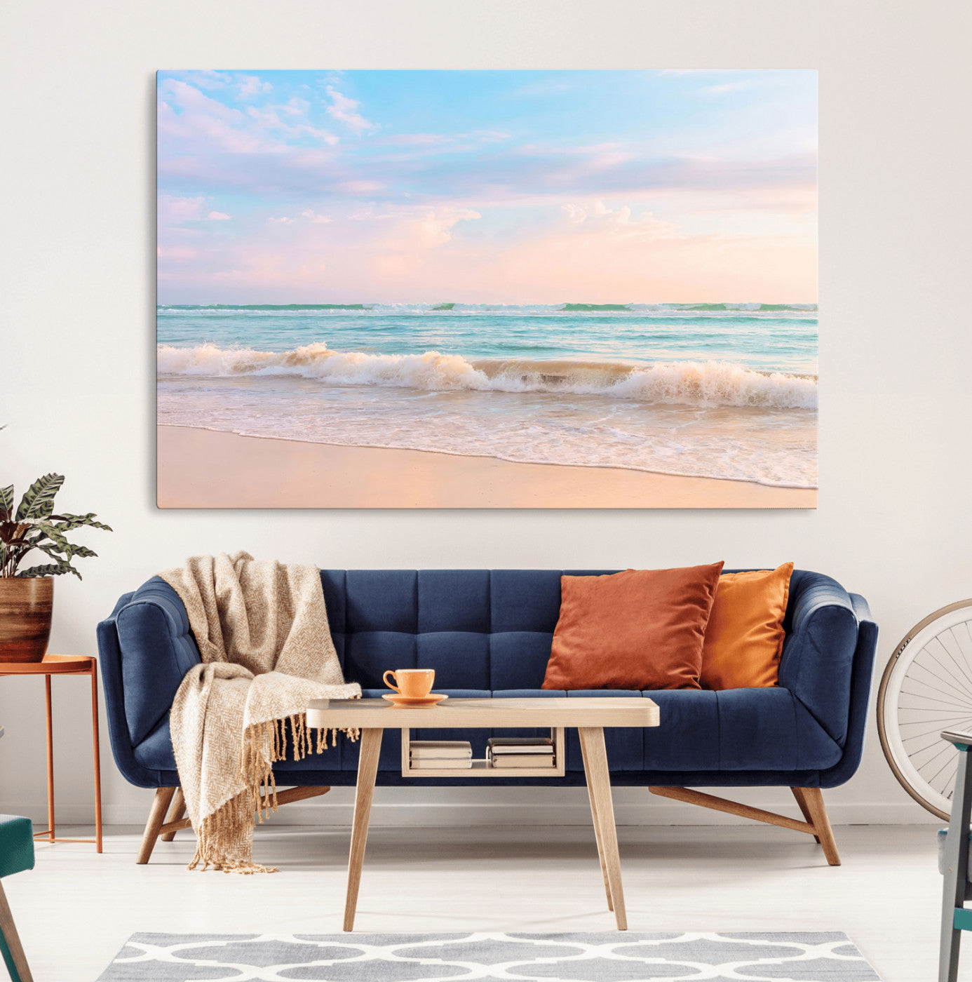 A peaceful beach scene with soft pastel skies, gentle waves washing up on the sandy shore, creating a calm and serene ocean view.