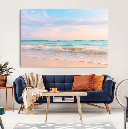 A peaceful beach scene with soft pastel skies, gentle waves washing up on the sandy shore, creating a calm and serene ocean view.