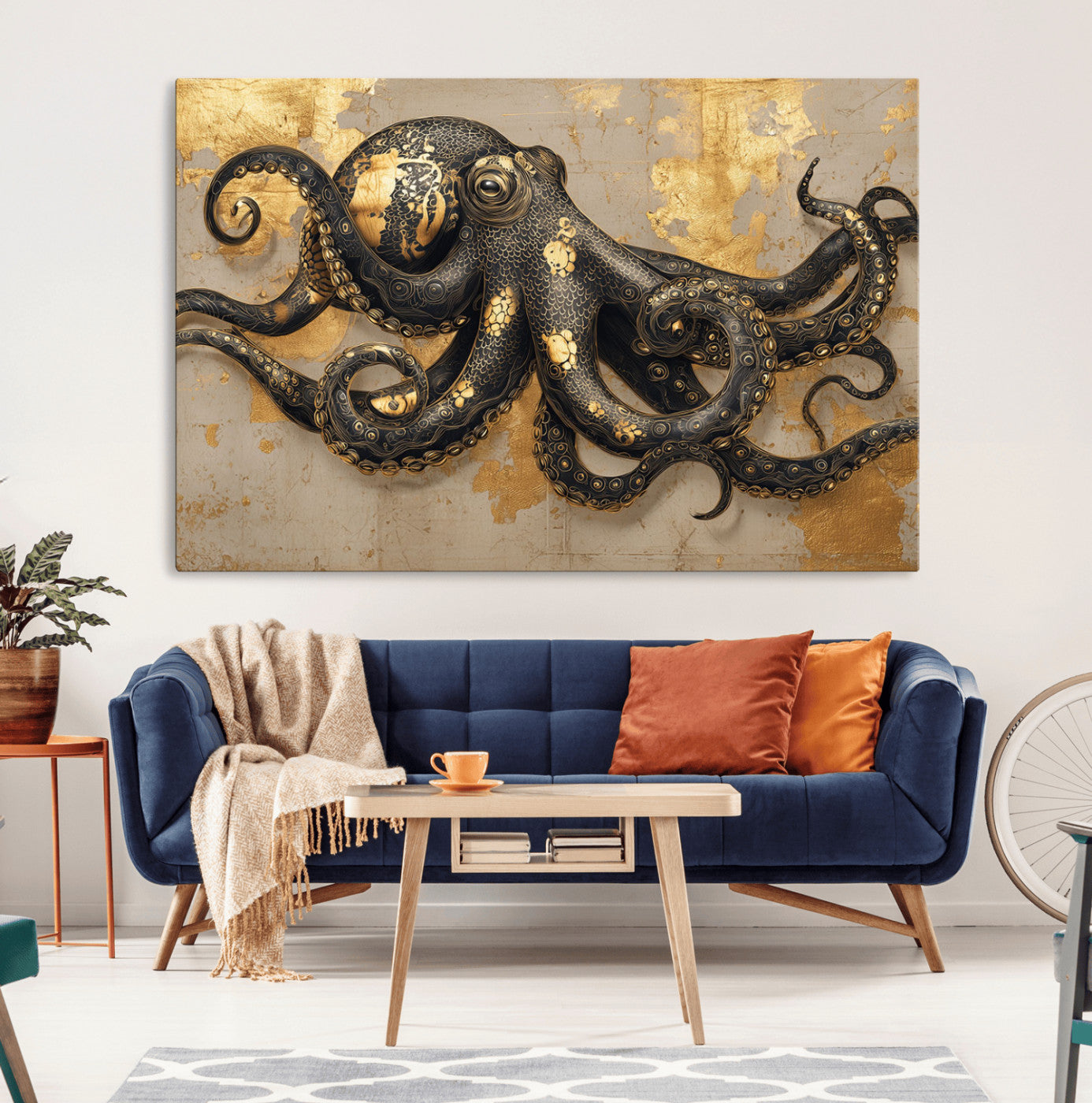 A stunning golden and black illustration of an octopus on a textured background with gold leaf accents, highlighting its intricate tentacles and unique design.