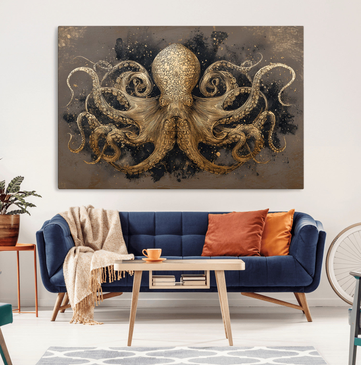 A beautifully detailed illustration of an octopus in gold ink on a textured dark background, with swirling tentacles and intricate patterns.