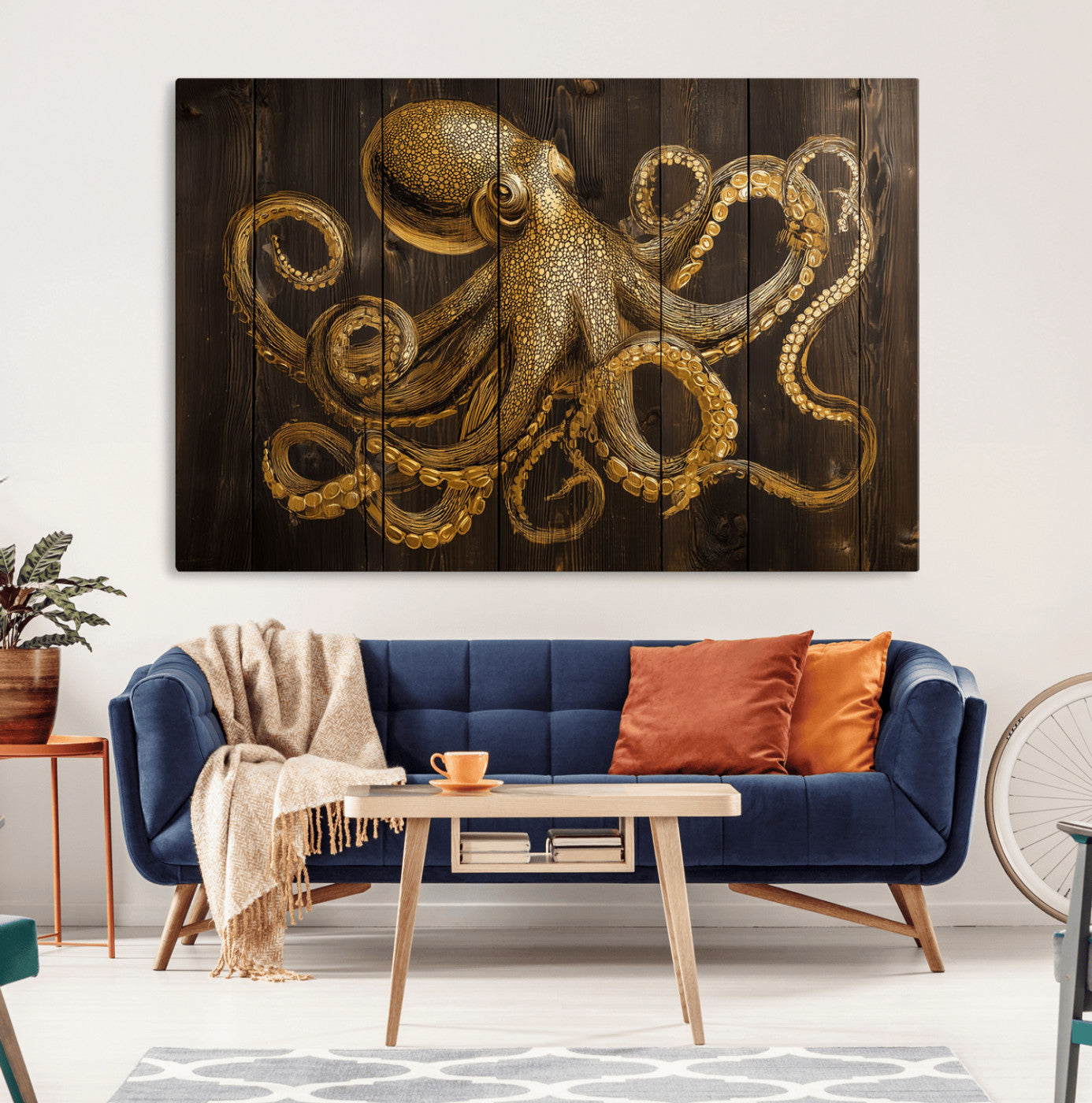 An artistic rendering of an octopus in gold ink on wooden planks, showcasing intricate details of its tentacles and textured skin.