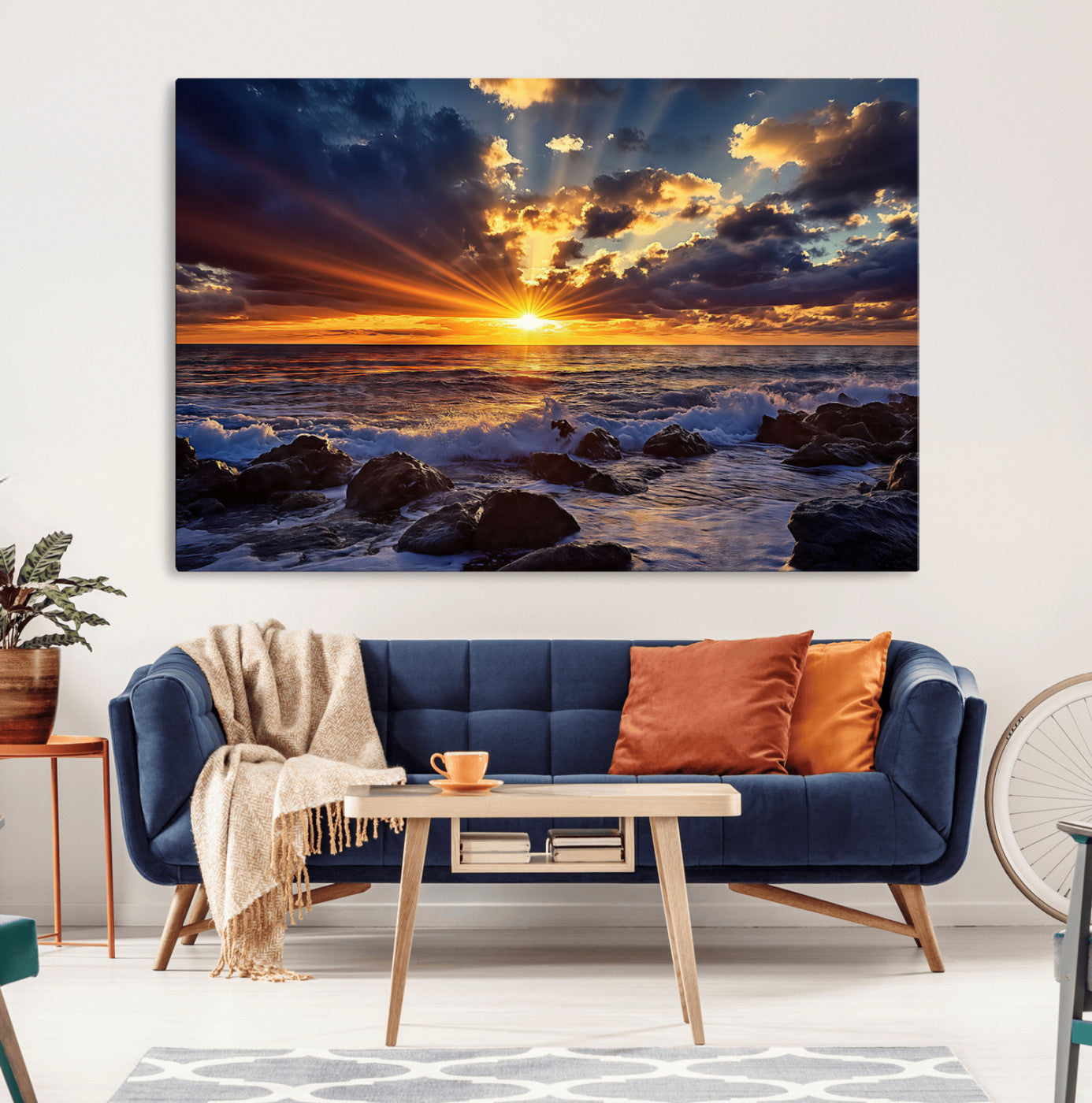 An explosive sunset over the ocean with dramatic clouds and rays of sunlight reflecting off the water, creating a vibrant and captivating view.