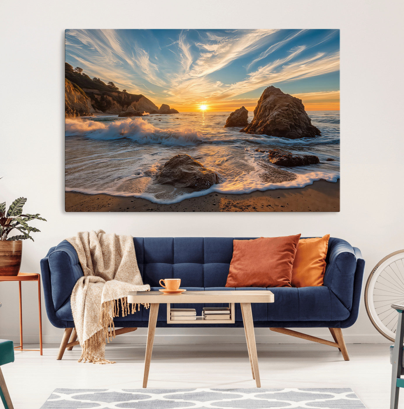Rocky Ocean Sunset Wall Art Print, Seaside Canvas Wall Art, Dramatic Seascape Canvas Print for Coastal Modern Decor, Ocean Sunset Art Printing