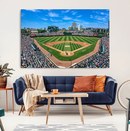 A wide-angle shot of a baseball field filled with spectators, with players on the field and the iconic Wrigley Field scoreboard in the background.