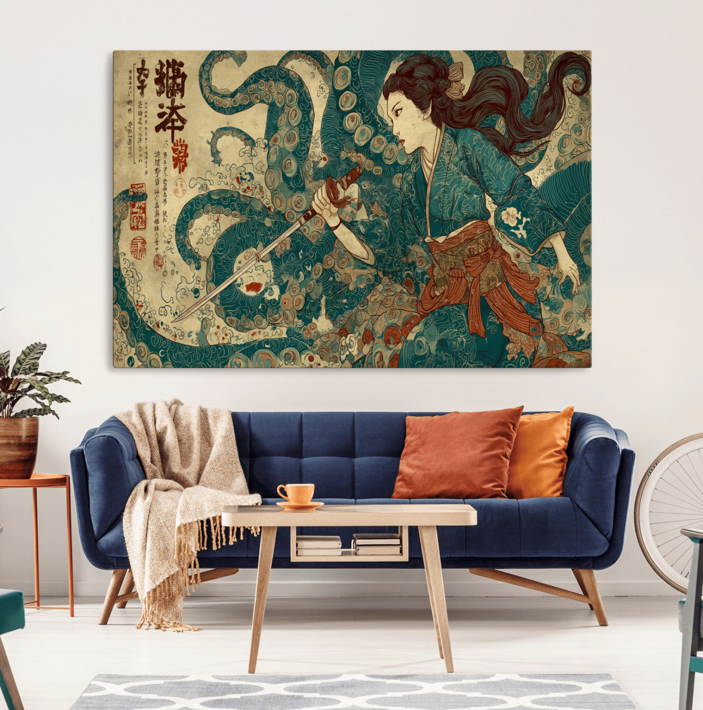 Tsukioka Yoshitoshi Samurai Wall Art Print, Japanese Katana Warrior Canvas Wall Art, Octopus Sea Monster Canvas Print,