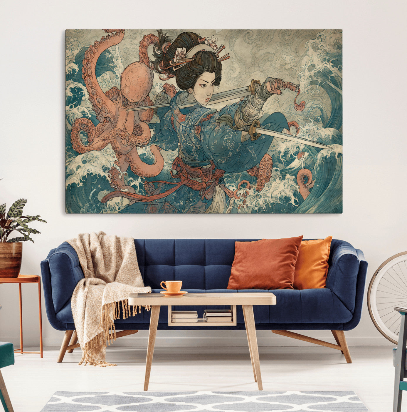 Tsukioka Yoshitoshi Samurai Wall Art Print, Japanese Katana Warrior Canvas Wall Art, Octopus Sea Monster Canvas Print,