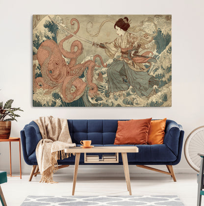 Tsukioka Yoshitoshi Samurai Wall Art Print, Japanese Katana Warrior Canvas Wall Art, Octopus Sea Monster Canvas Print,