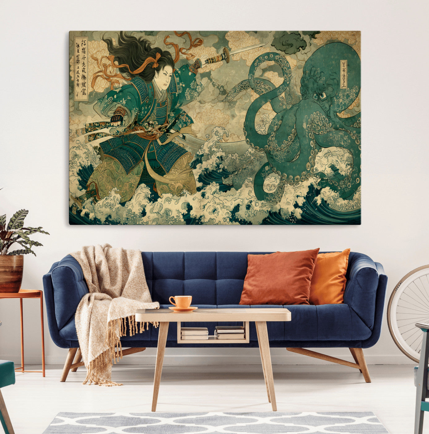 Tsukioka Yoshitoshi Samurai Wall Art Print, Japanese Katana Warrior Canvas Wall Art, Octopus Sea Monster Canvas Print,
