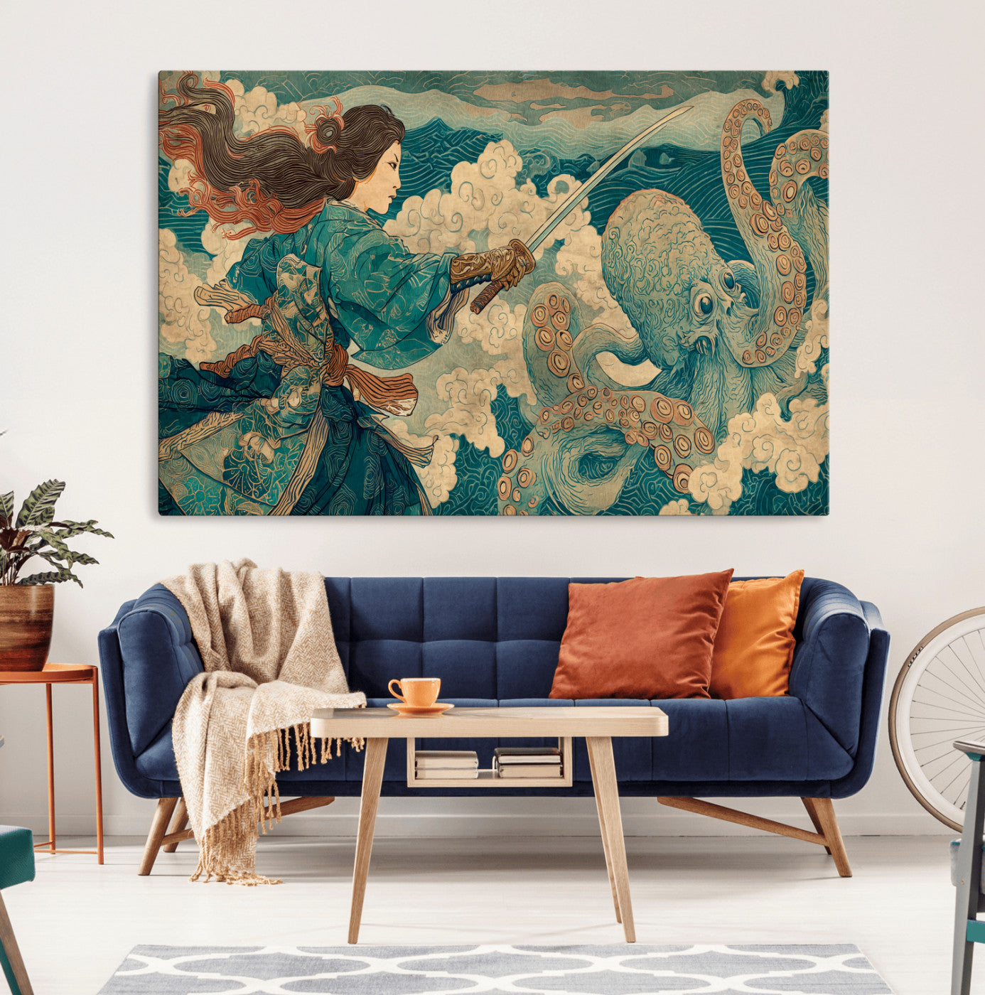 Tsukioka Yoshitoshi Samurai Wall Art Print, Japanese Katana Warrior Canvas Wall Art, Octopus Sea Monster Canvas Print,