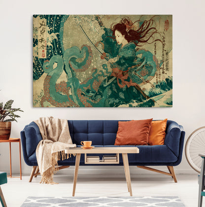 Tsukioka Yoshitoshi Samurai Wall Art Print, Japanese Katana Warrior Canvas Wall Art, Octopus Sea Monster Canvas Print,