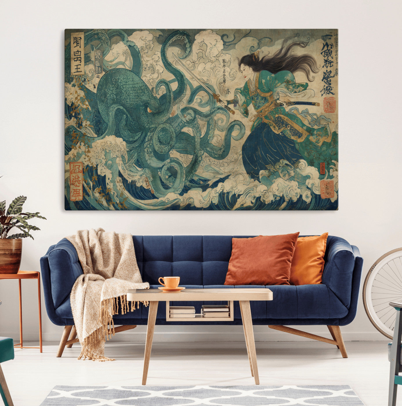 Tsukioka Yoshitoshi Samurai Wall Art Print, Japanese Katana Warrior Canvas Wall Art, Octopus Sea Monster Canvas Print,