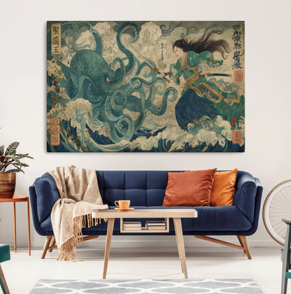 Tsukioka Yoshitoshi Samurai Wall Art Print, Japanese Katana Warrior Canvas Wall Art, Octopus Sea Monster Canvas Print,