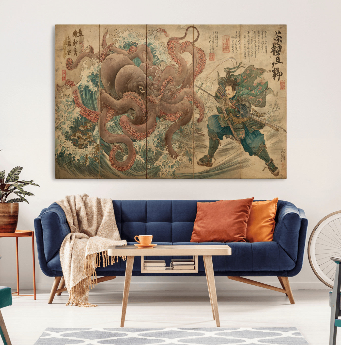 Tsukioka Yoshitoshi Samurai Wall Art Print, Japanese Katana Warrior Canvas Wall Art, Octopus Sea Monster Canvas Print,