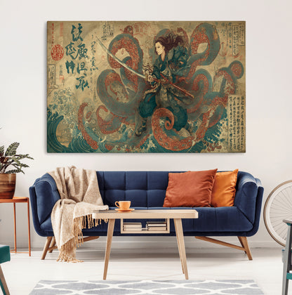 Tsukioka Yoshitoshi Samurai Wall Art Print, Japanese Katana Warrior Canvas Wall Art, Octopus Sea Monster Canvas Print,