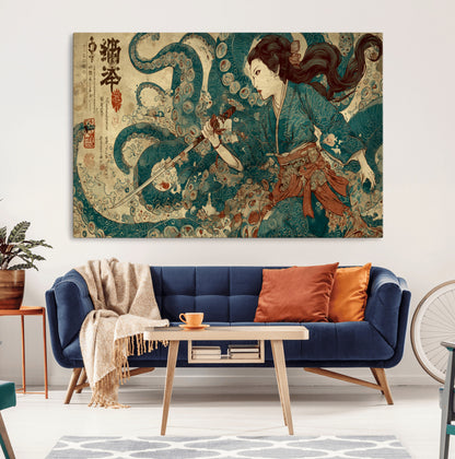 Tsukioka Yoshitoshi Samurai Wall Art Print, Japanese Katana Warrior Canvas Wall Art, Octopus Sea Monster Canvas Print,