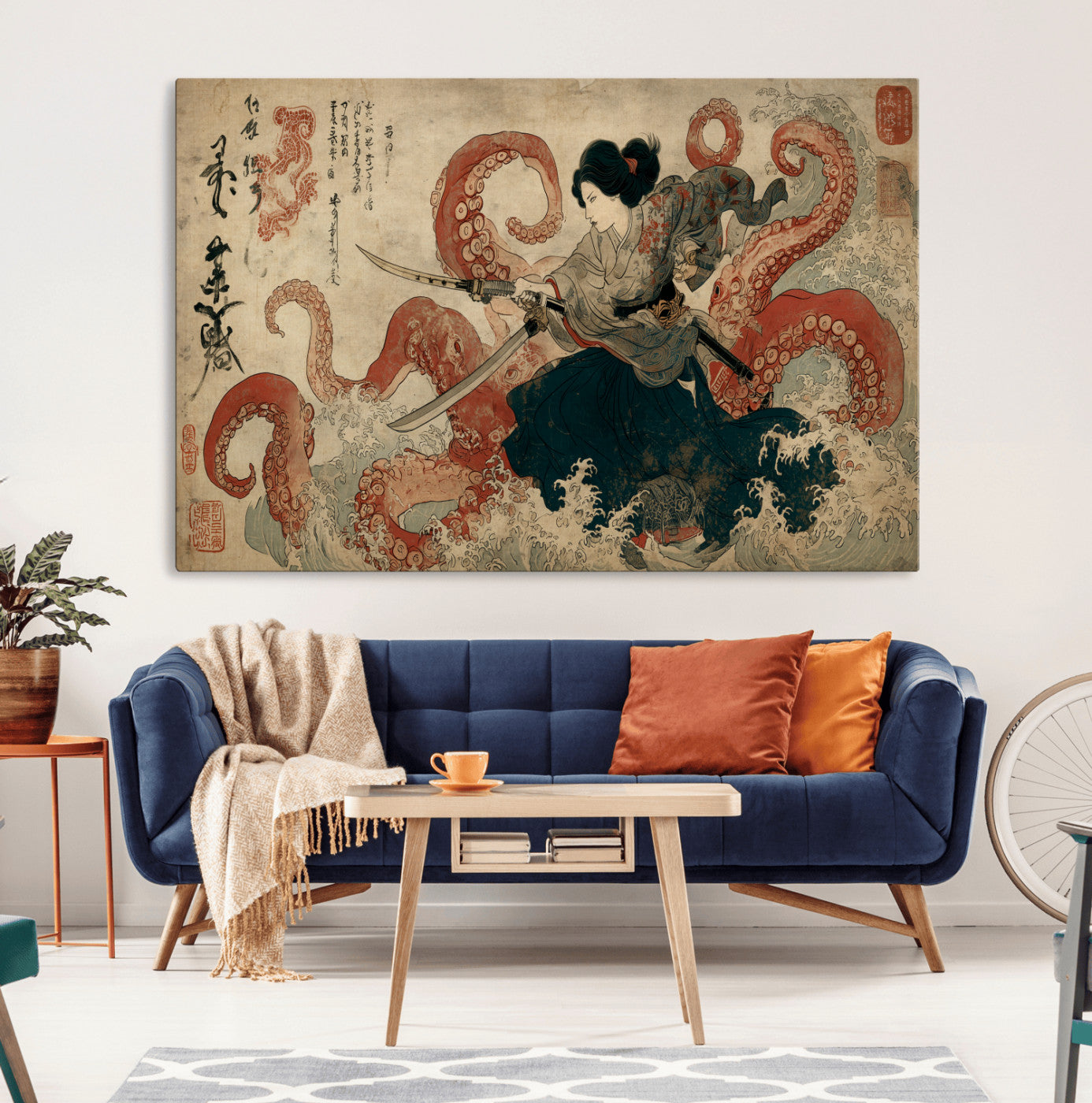 Tsukioka Yoshitoshi Samurai Wall Art Print, Japanese Katana Warrior Canvas Wall Art, Octopus Sea Monster Canvas Print,