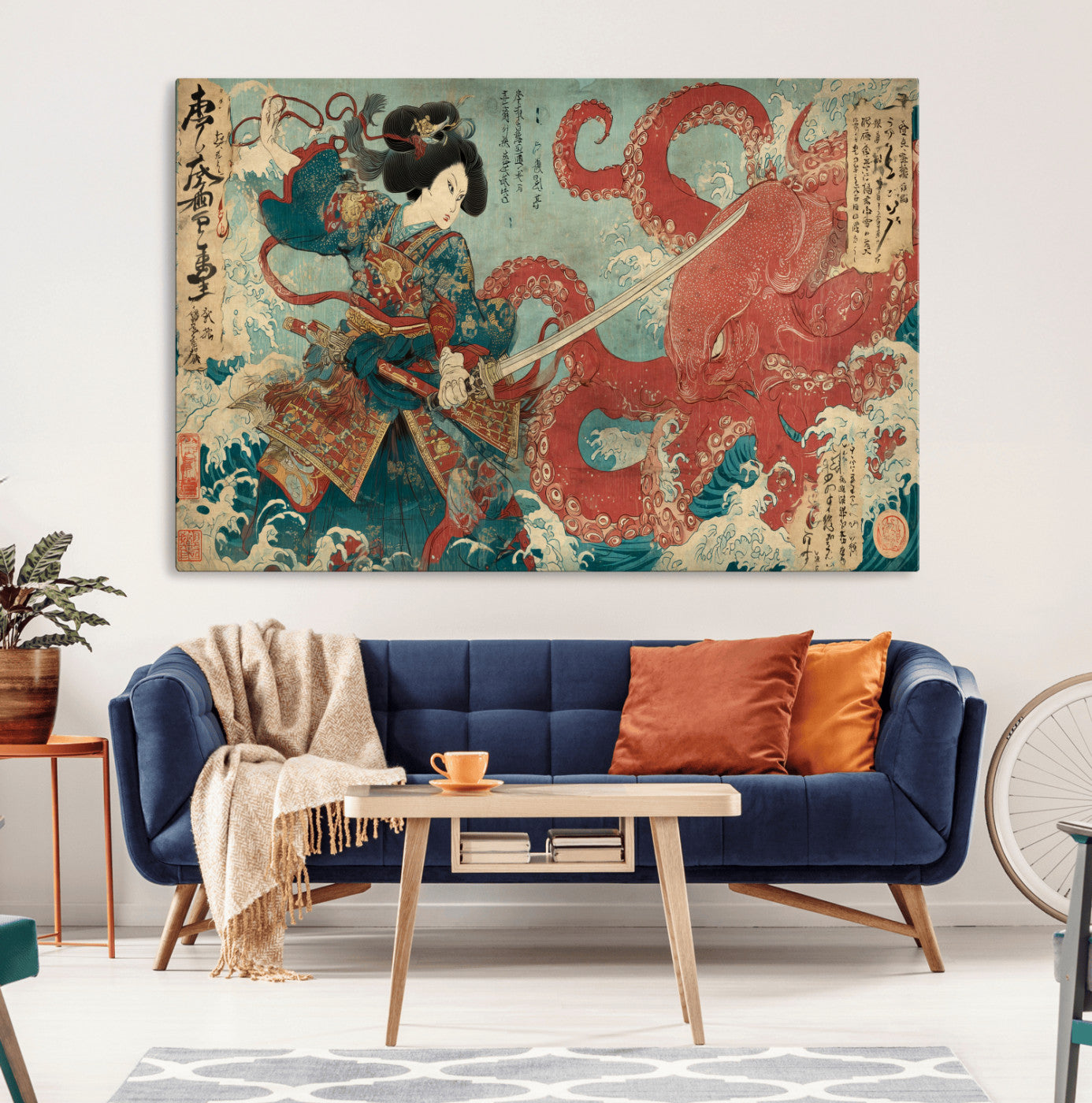 Tsukioka Yoshitoshi Samurai Wall Art Print, Japanese Katana Warrior Canvas Wall Art, Octopus Sea Monster Canvas Print,