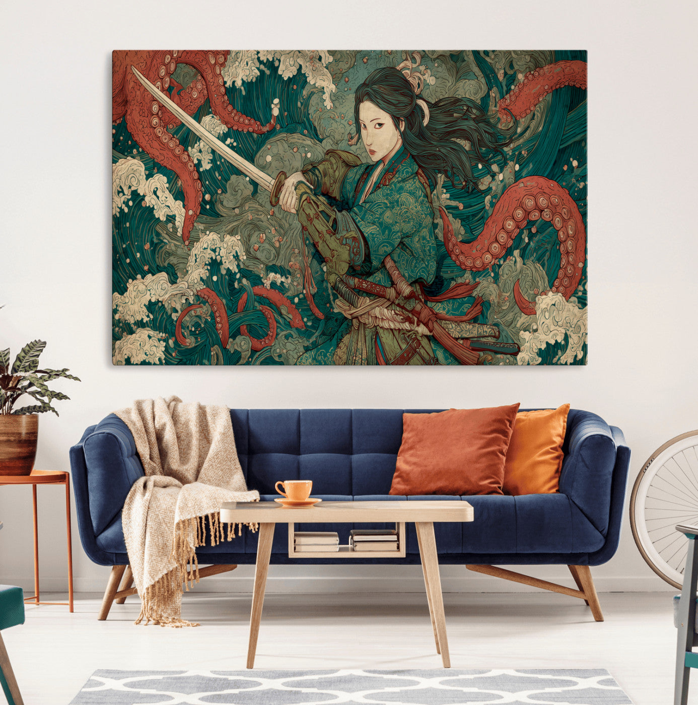 Tsukioka Yoshitoshi Samurai Wall Art Print, Japanese Katana Warrior Canvas Wall Art, Octopus Sea Monster Canvas Print,