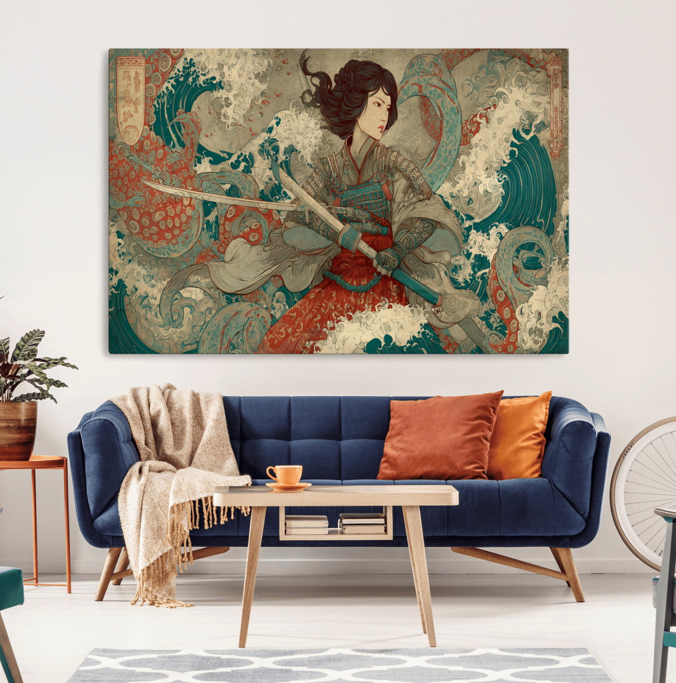 Tsukioka Yoshitoshi Samurai Wall Art Print, Japanese Katana Warrior Canvas Wall Art, Octopus Sea Monster Canvas Print,