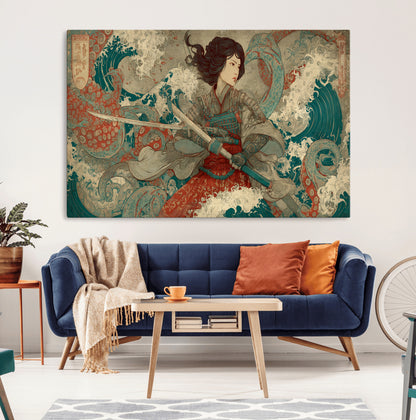 Tsukioka Yoshitoshi Samurai Wall Art Print, Japanese Katana Warrior Canvas Wall Art, Octopus Sea Monster Canvas Print,