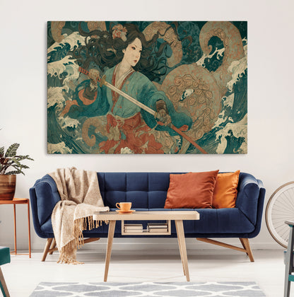 Tsukioka Yoshitoshi Samurai Wall Art Print, Japanese Katana Warrior Canvas Wall Art, Octopus Sea Monster Canvas Print,