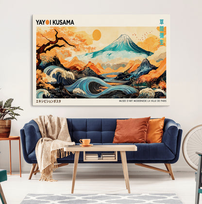 Modern Japanese-style art print featuring a stylized Mount Fuji, flowing waves, and vibrant landscapes in bold colors, inspired by traditional and contemporary aesthetics.