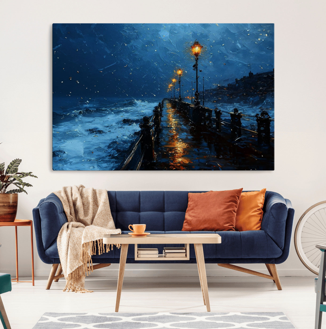 "Impressionistic painting of a rainy pier at night with glowing street lamps reflecting on the wet surface, ocean waves crashing under a dark blue sky."