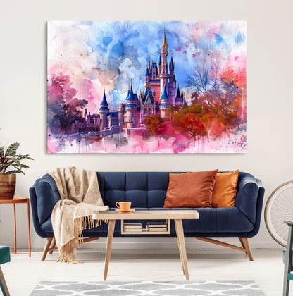 Watercolor canvas of a dreamy Disney-style castle in pastel pink and blue tones, perfect for fairytale or whimsical home decor.