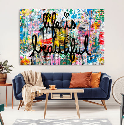 Colorful urban-style canvas with graffiti text “Life is Beautiful” in black paint, ideal for bold or street-themed home decor.