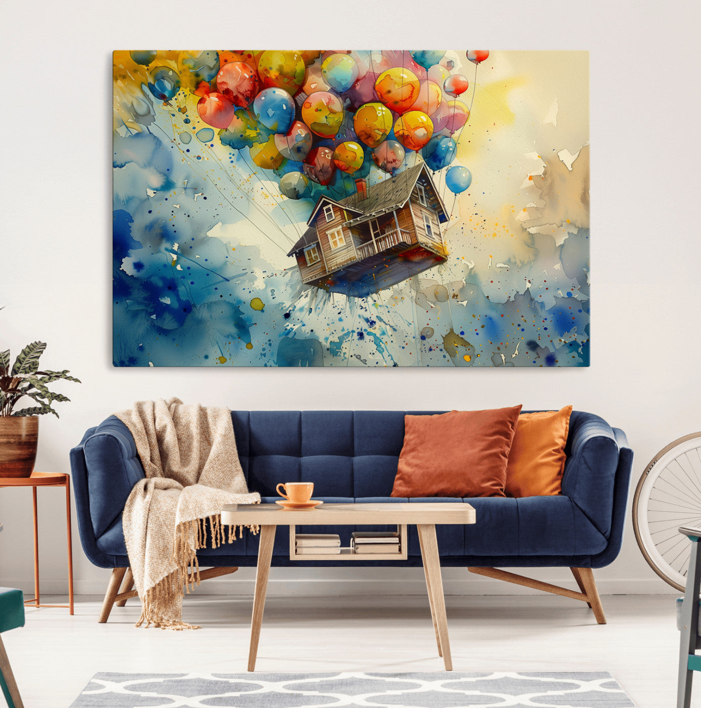 Whimsical canvas of a flying wooden house held by balloons, in dreamy watercolor tones, ideal for fantasy-inspired home decor.