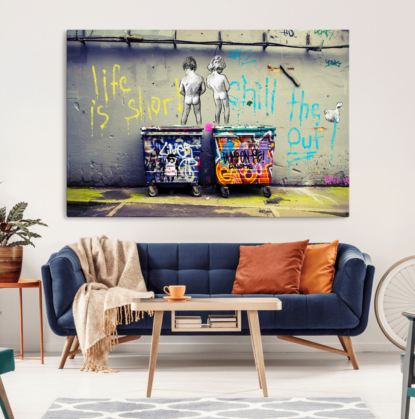 Graffiti-style canvas art with bold text and two naked figures over urban dumpsters, ideal for edgy or street-style decor.