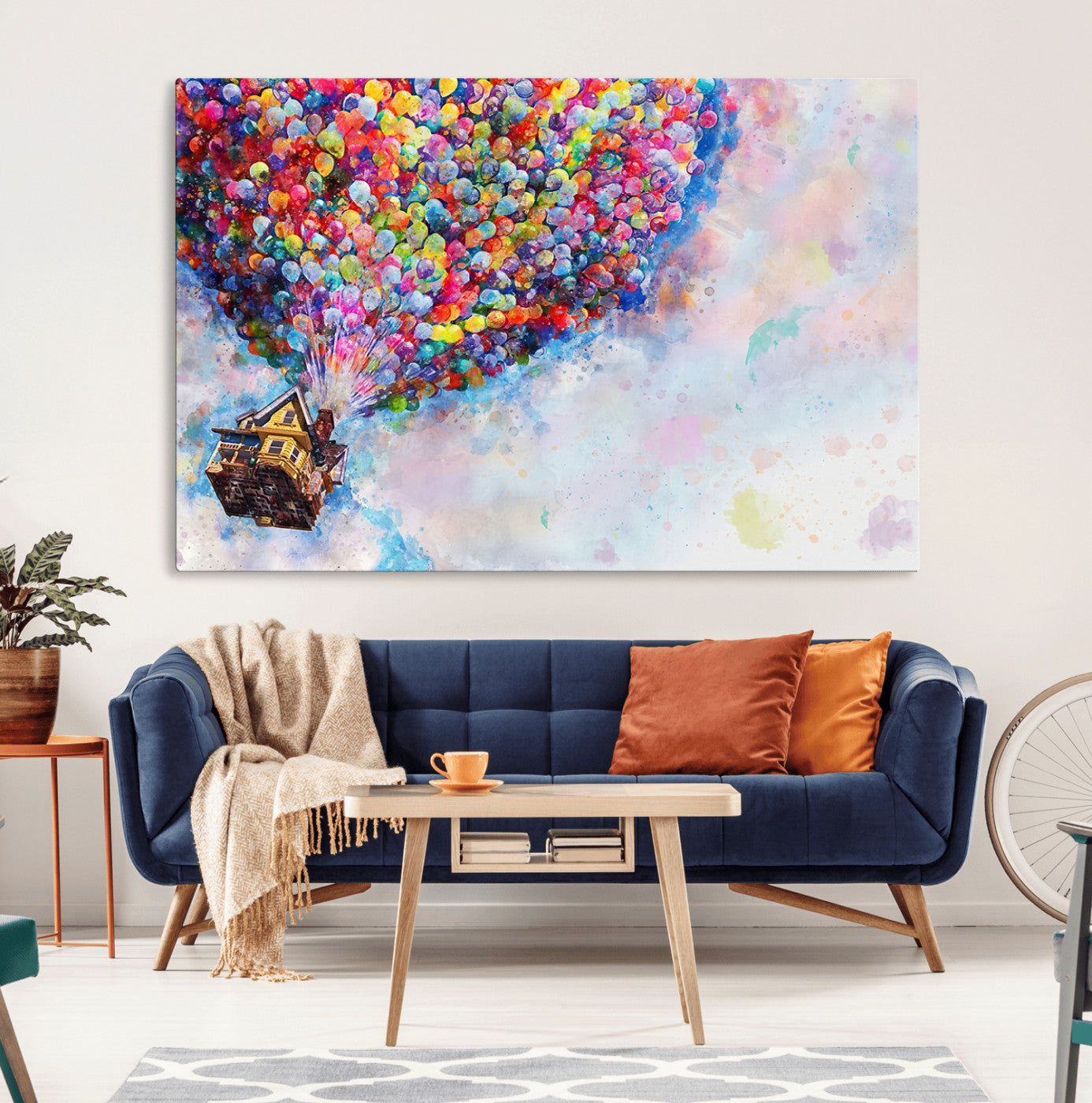 Whimsical canvas of the house from the movie Up flying with colorful balloons, ideal for Pixar or animation-themed decor.