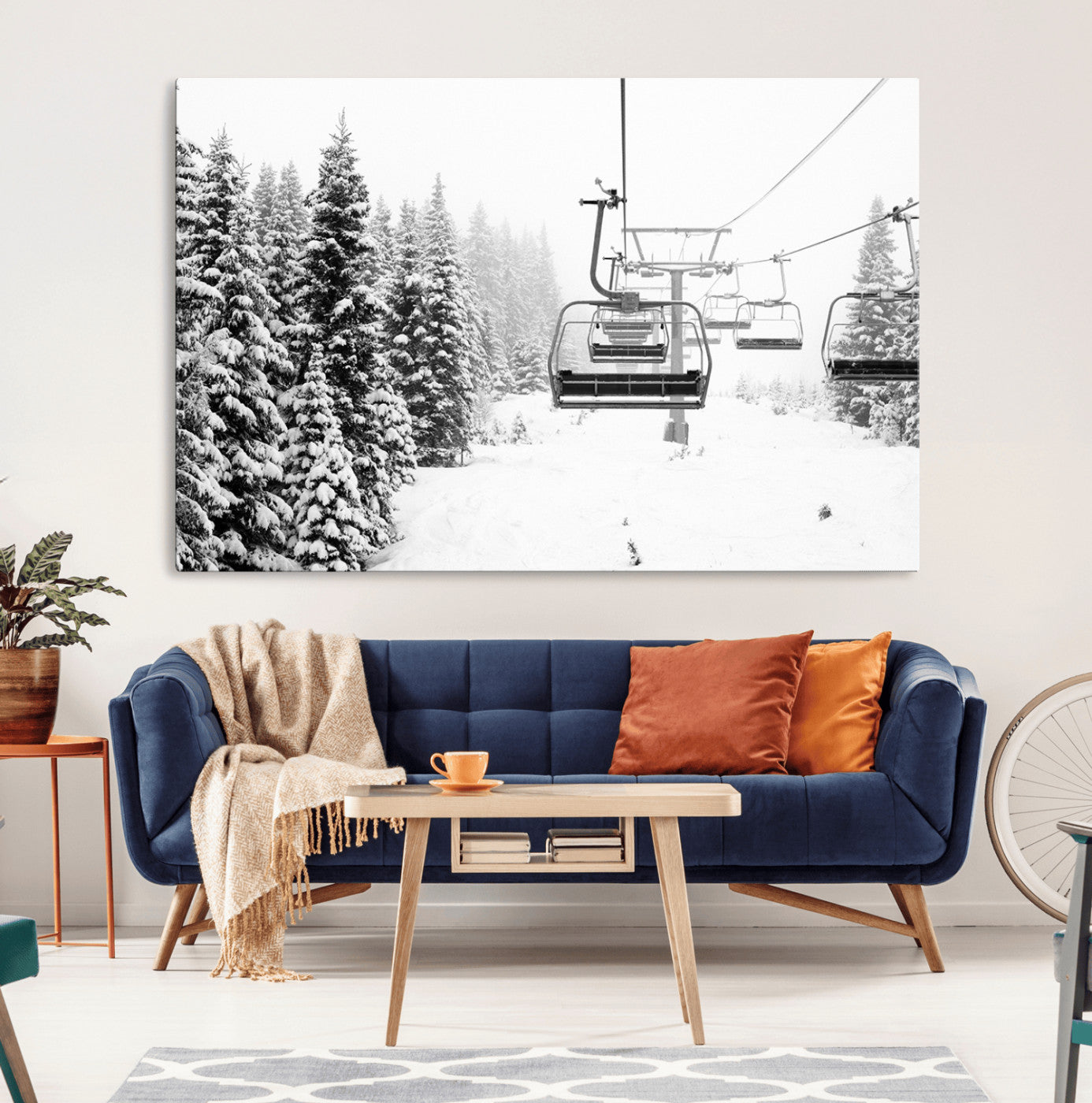 Black and white canvas of empty ski lifts over a snowy pine forest, perfect for minimal winter or ski lodge-inspired decor.