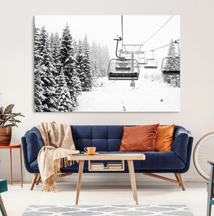 Black and white canvas of empty ski lifts over a snowy pine forest, perfect for minimal winter or ski lodge-inspired decor.