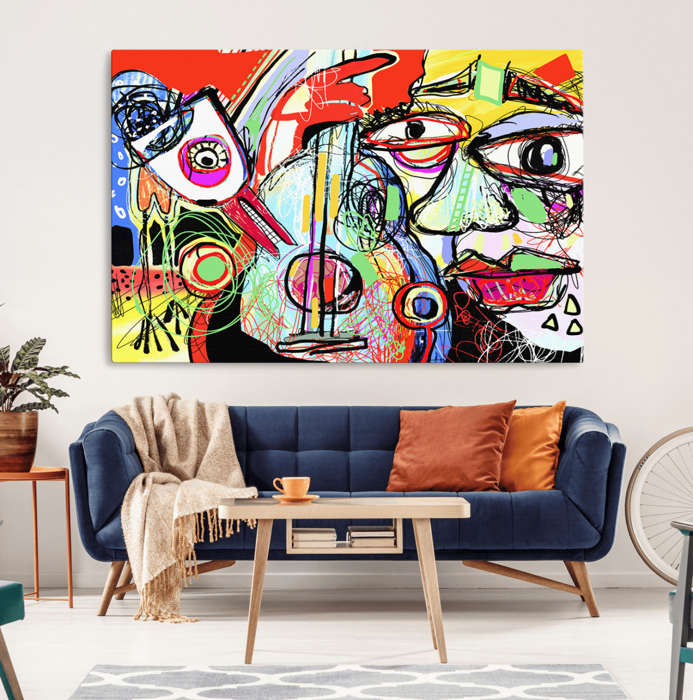 Colorful abstract portrait in graffiti style, featuring vibrant lines and chaotic energy, perfect for urban modern home decor.