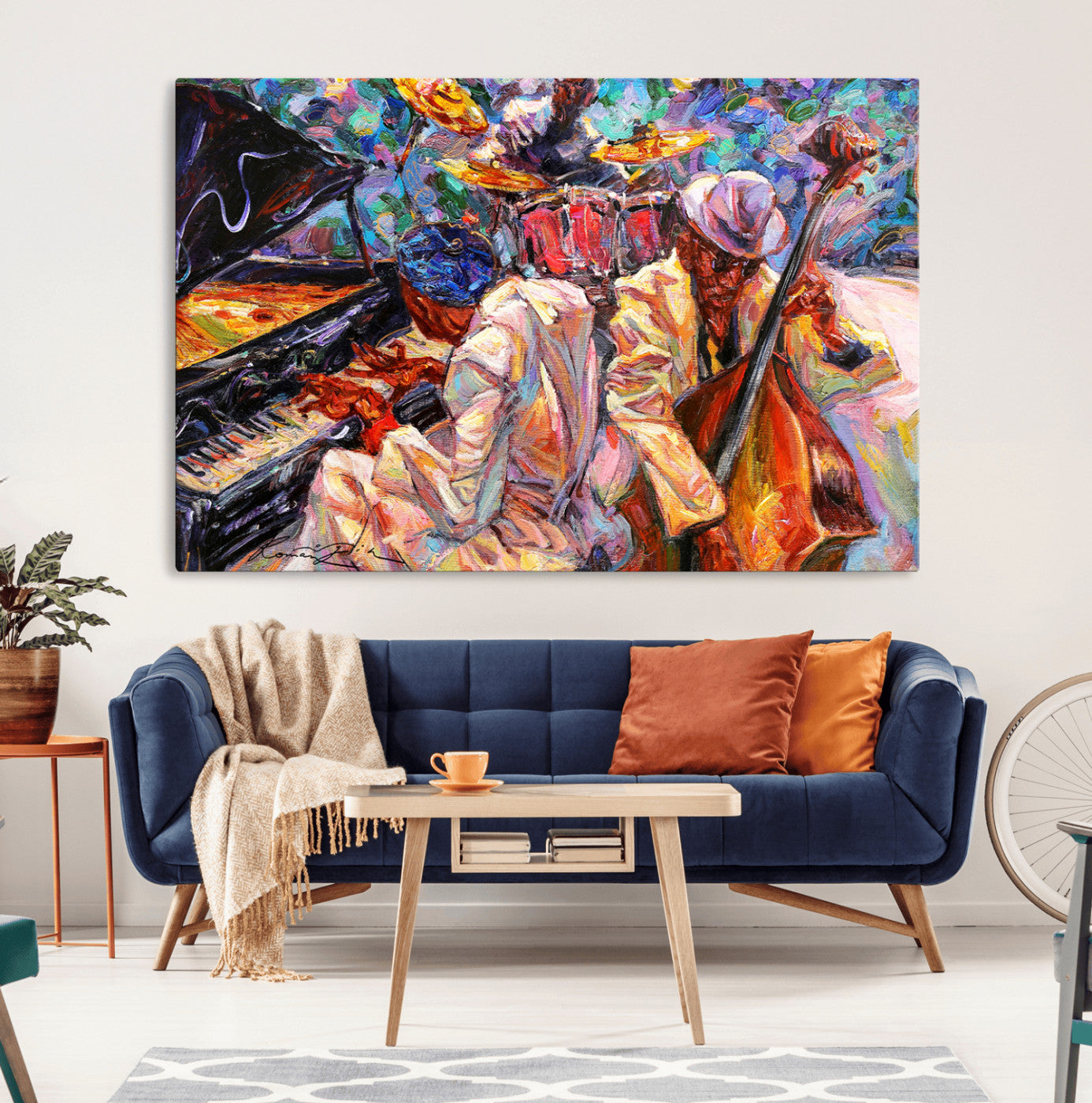 Vibrant oil painting of a jazz band with piano, saxophone, and bass, ideal for colorful and expressive music-themed home decor.