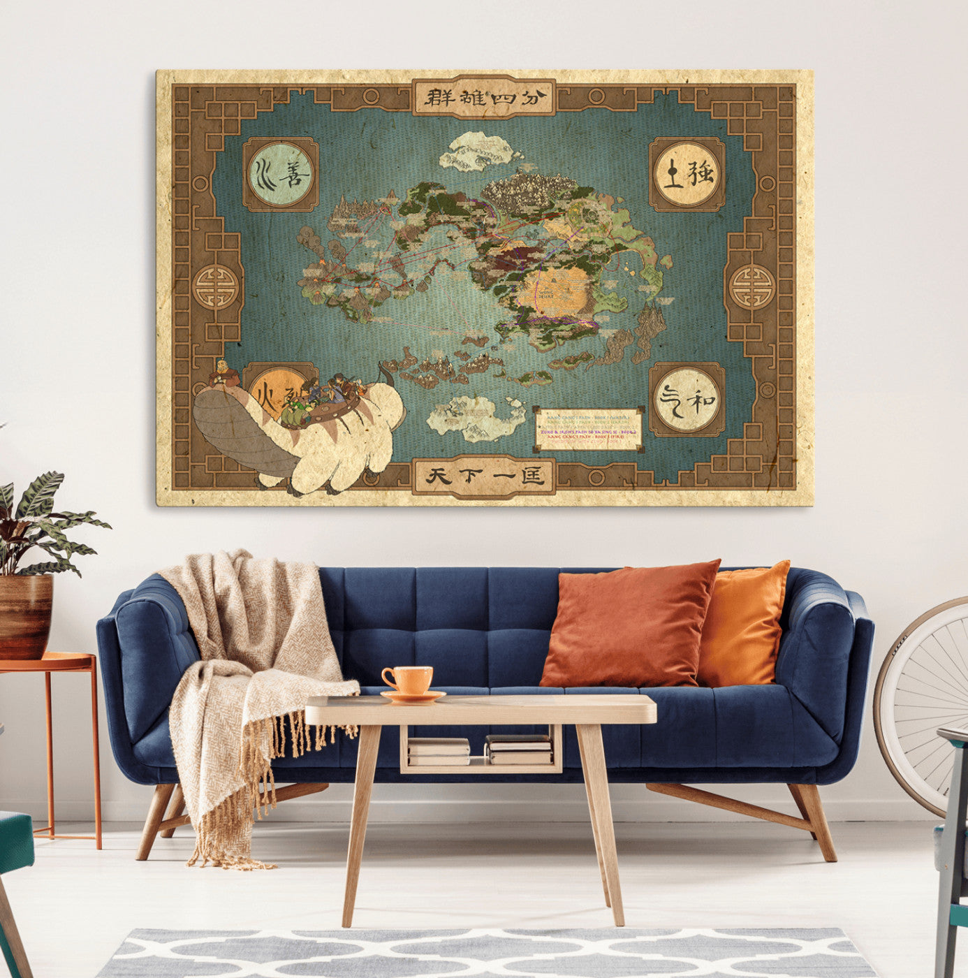 Fantasy map of the Avatar world showing four elemental nations, ideal for vintage pop culture or animated series themed wall decor.