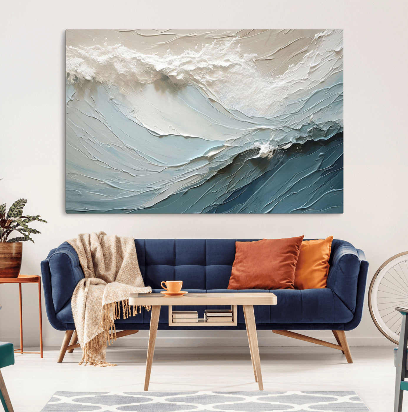 Textured canvas of ocean waves in soft coastal blues and creamy whites, ideal for modern or minimalist coastal-style interiors.