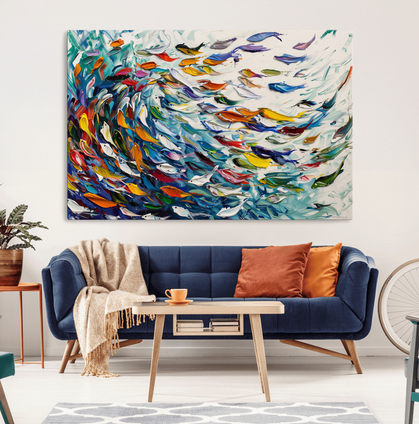 Vibrant canvas art of swirling colorful fish in motion, ideal for modern coastal or ocean-inspired home decor.