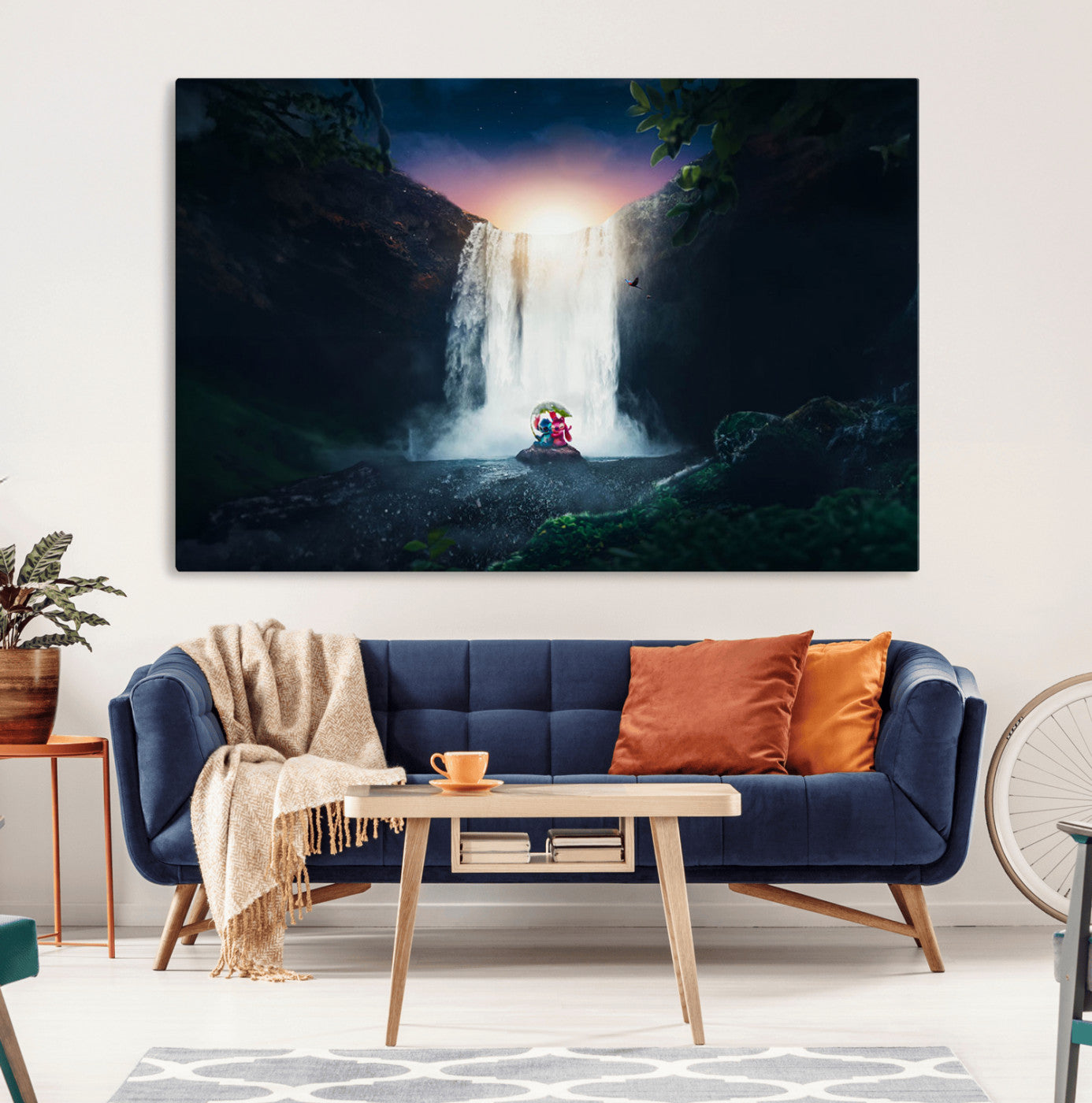 Romantic scene of Stitch and Angel sitting under a leaf in front of a glowing waterfall, ideal for tropical or fantasy-themed decor.
