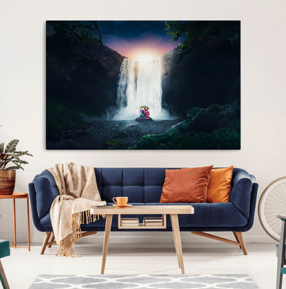 Romantic scene of Stitch and Angel sitting under a leaf in front of a glowing waterfall, ideal for tropical or fantasy-themed decor.
