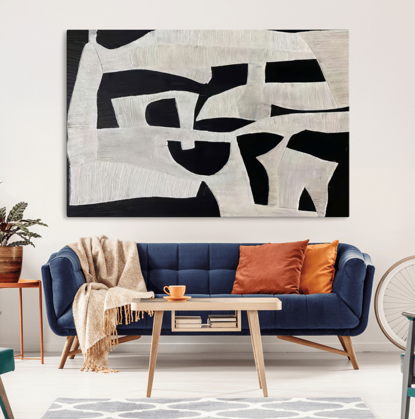 Minimalist black and white canvas featuring bold abstract textures and geometric shapes, ideal for modern neutral decor.
