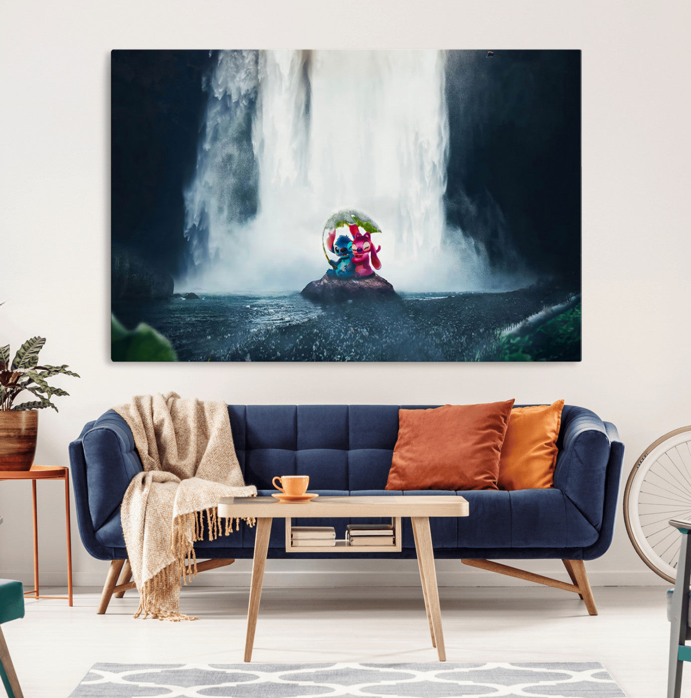 Fantasy canvas of Stitch and Angel under a leaf umbrella in front of a dramatic waterfall, perfect for moody jungle-themed or animated decor.