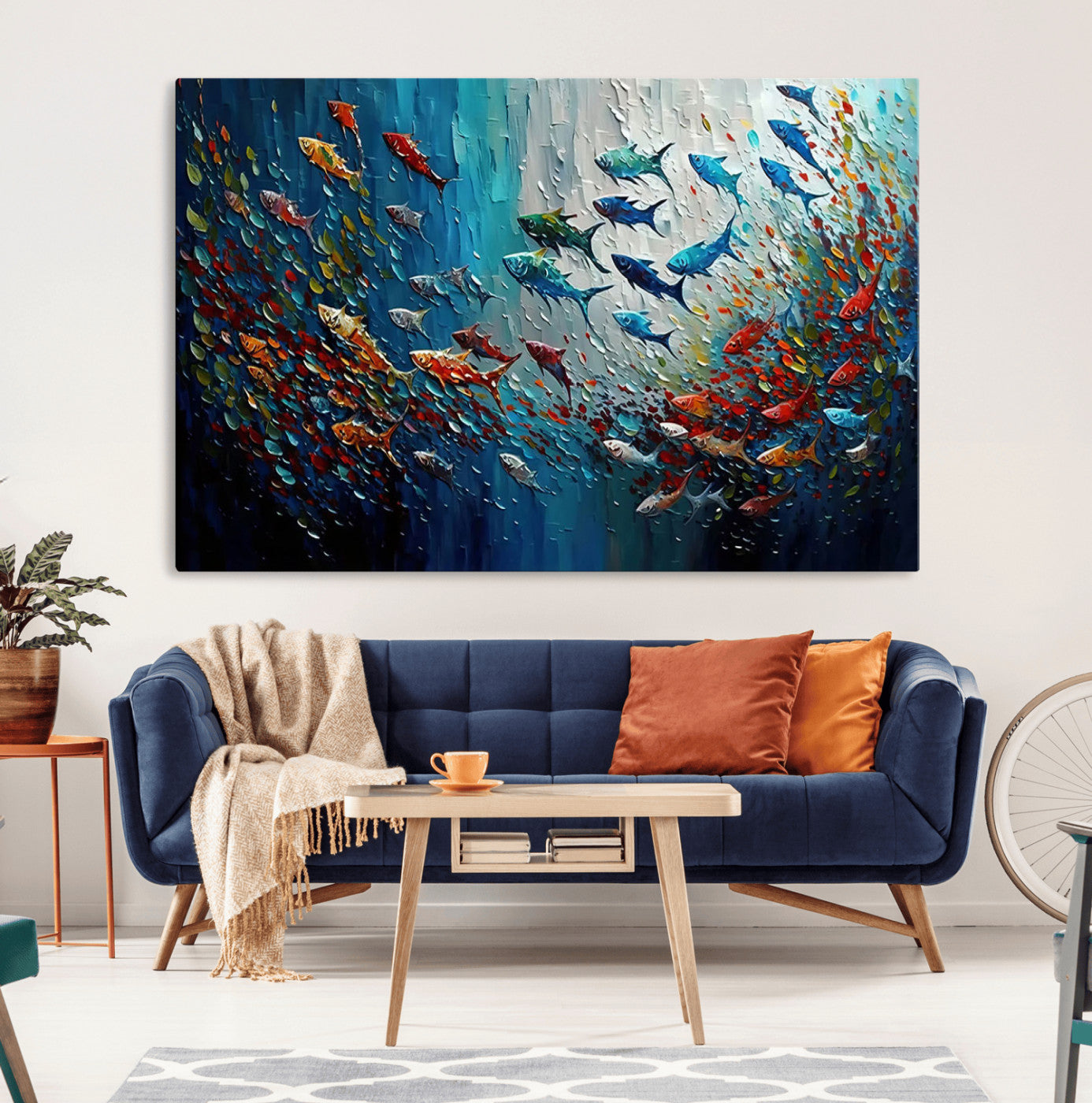 Colorful painting of fish swimming in abstract ocean swirls, perfect for vibrant marine-themed or expressive coastal home decor.