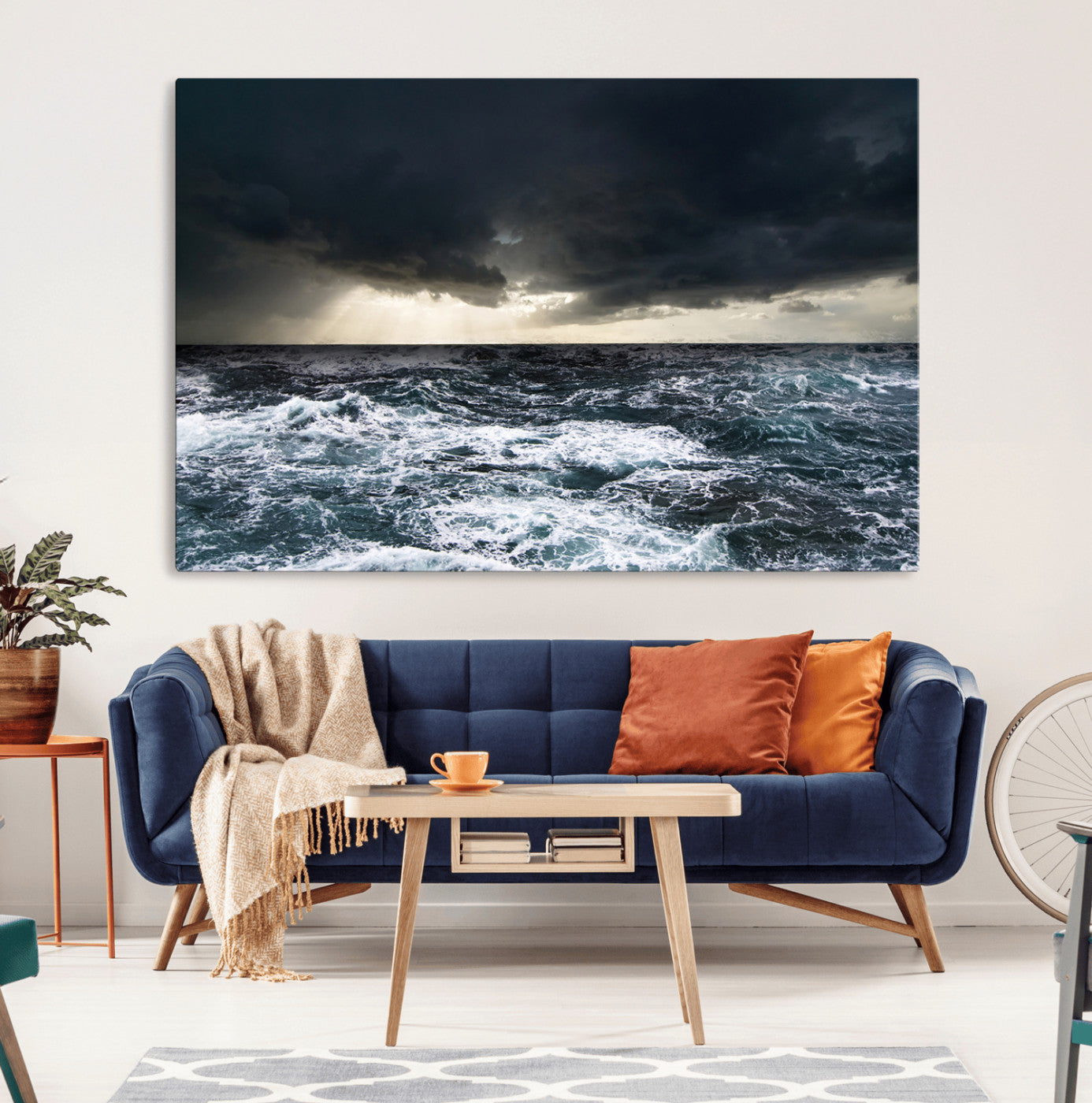 Moody ocean scene with stormy skies and crashing waves, perfect for dramatic or coastal-style home wall decor.